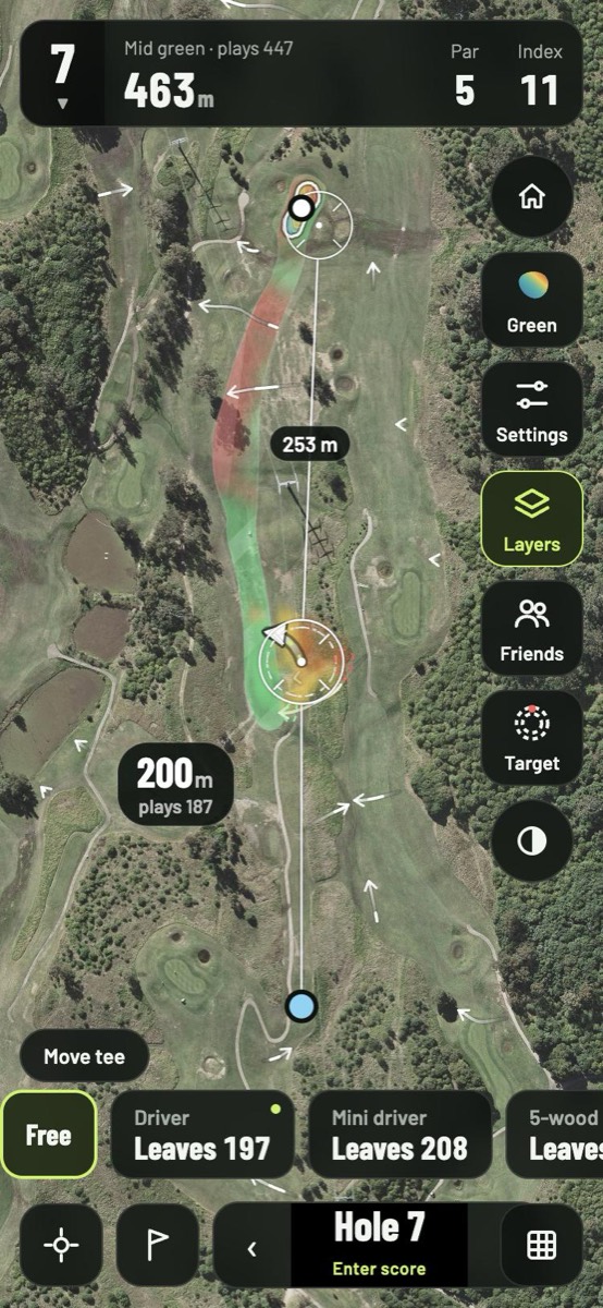 A par 5 in Shot Bro with the fairway heatmap: green where the ball holds, red where the slope runs it off