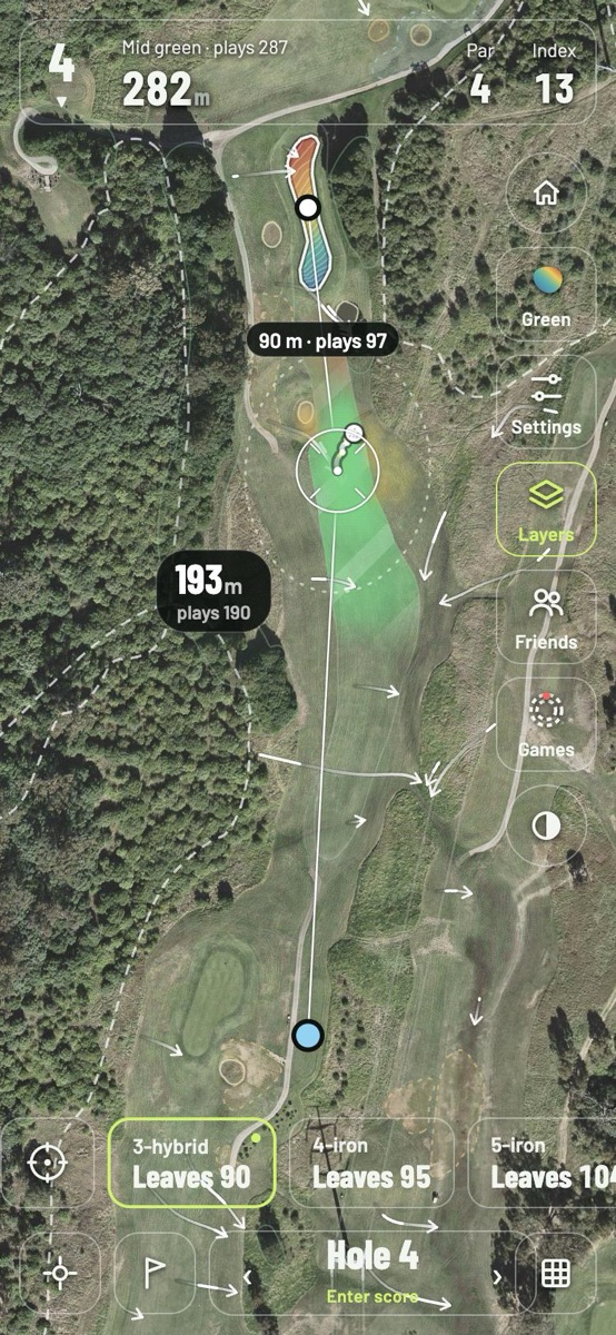 Shot Bro on hole 4: a 3-hybrid 193 metres out, with slope arrows across the hole, the fairway heatmap glowing green where the ball holds, the dispersion area round the target, the roll-out ball, and the green coloured red to blue by height